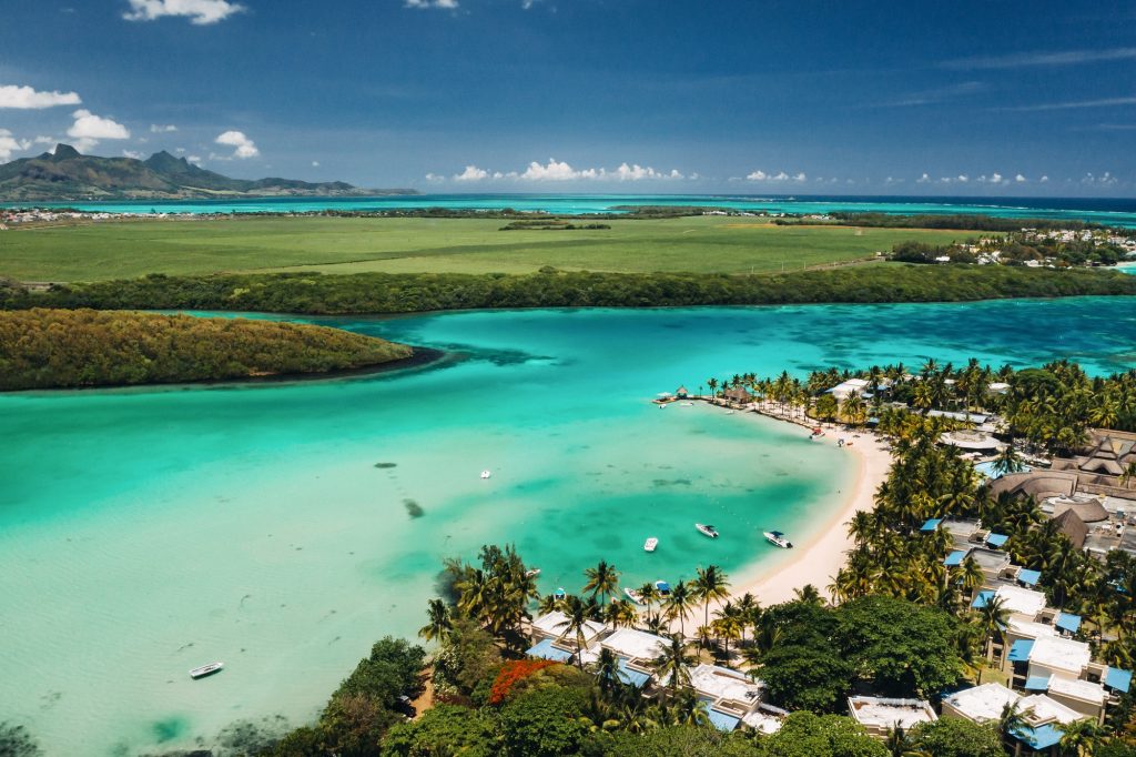 Aerial picture of the east coast of Mauritius Island. Beautiful lagoon of Mauritius Island shot from