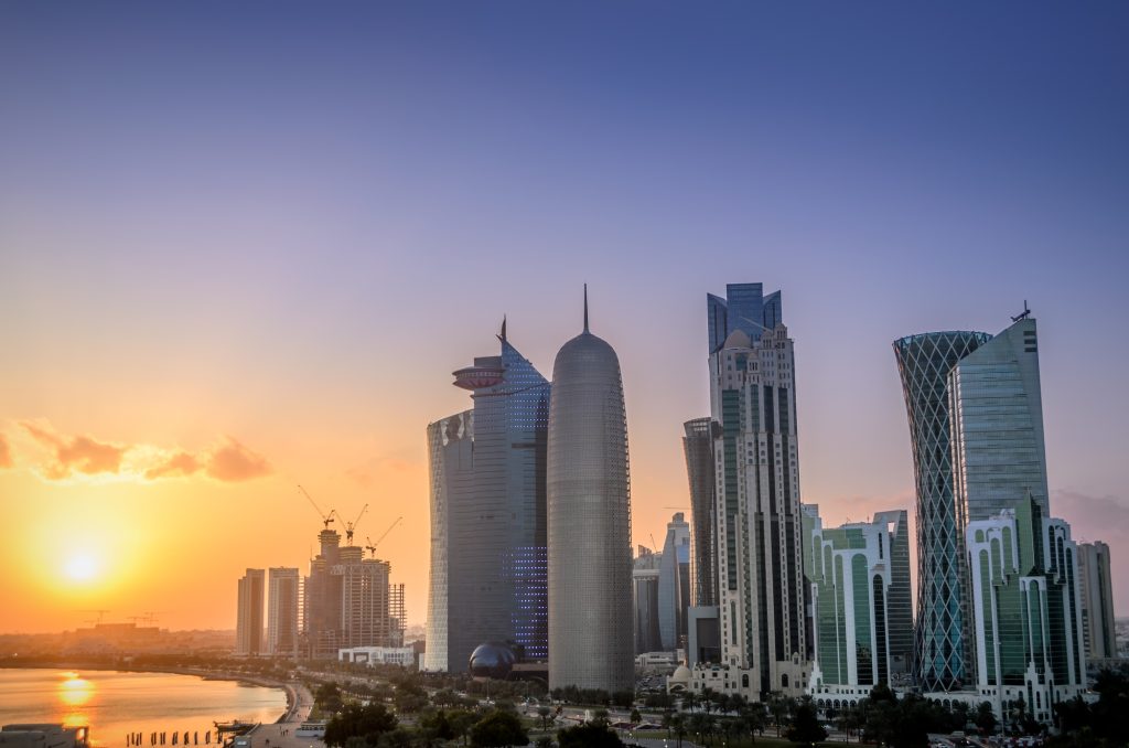 Sunset over the skyscrapers of Doha city in Qatar